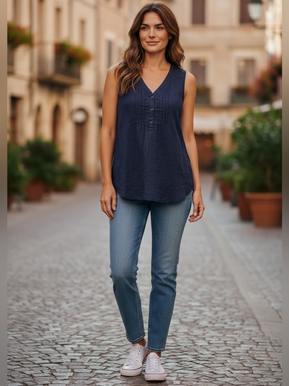 Eddie Bauer Navy Blue Linen 1/4 Button Lightweight Tank Top